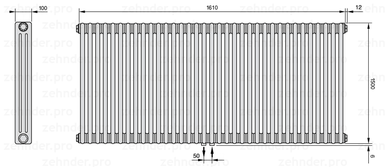Схема (чертеж) Радиатор Zehnder Charleston 3150/35 №5410 Белый глянцевый RAL 9016
